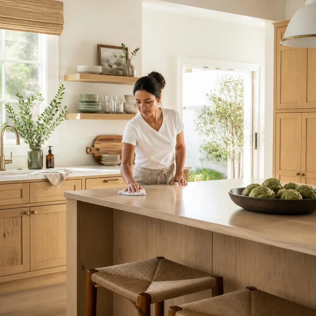 A home cleaner wiping a bright, lived-in Orange County kitchen